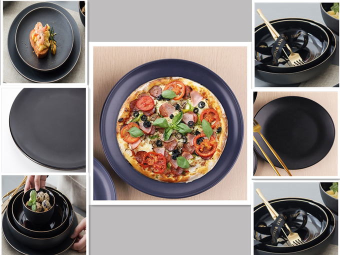 होटल रेस्तरां के लिए ब्लैक फ्लैट राउंड स्टेक डिश मेलामाइन प्लास्टिक बाउल्स 0